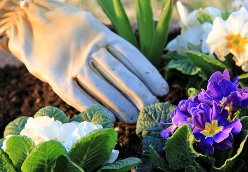 Worker using PPE during landscaping tasks in a garden setting
